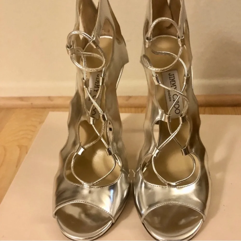 Jimmy Choo Metallic Silver Lace Up Heel Sandal 38 - Picture 3 of 5